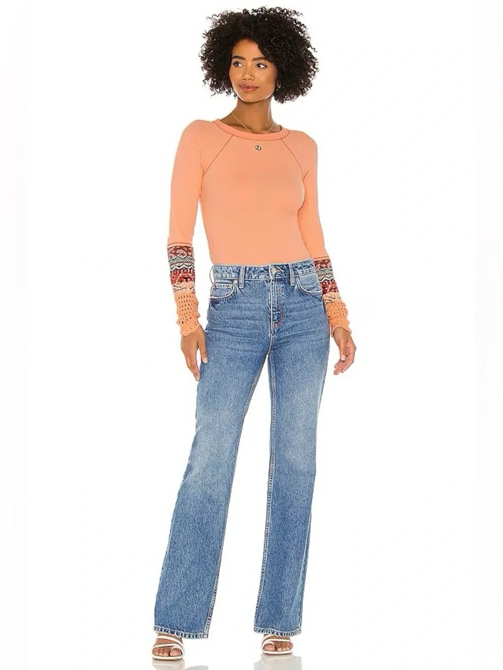 Free People In The Mix Cuff Thermal Top Desert Orange Combo Boho Women L
